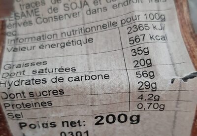 Palmiers nappés au cacao nutrition facts table