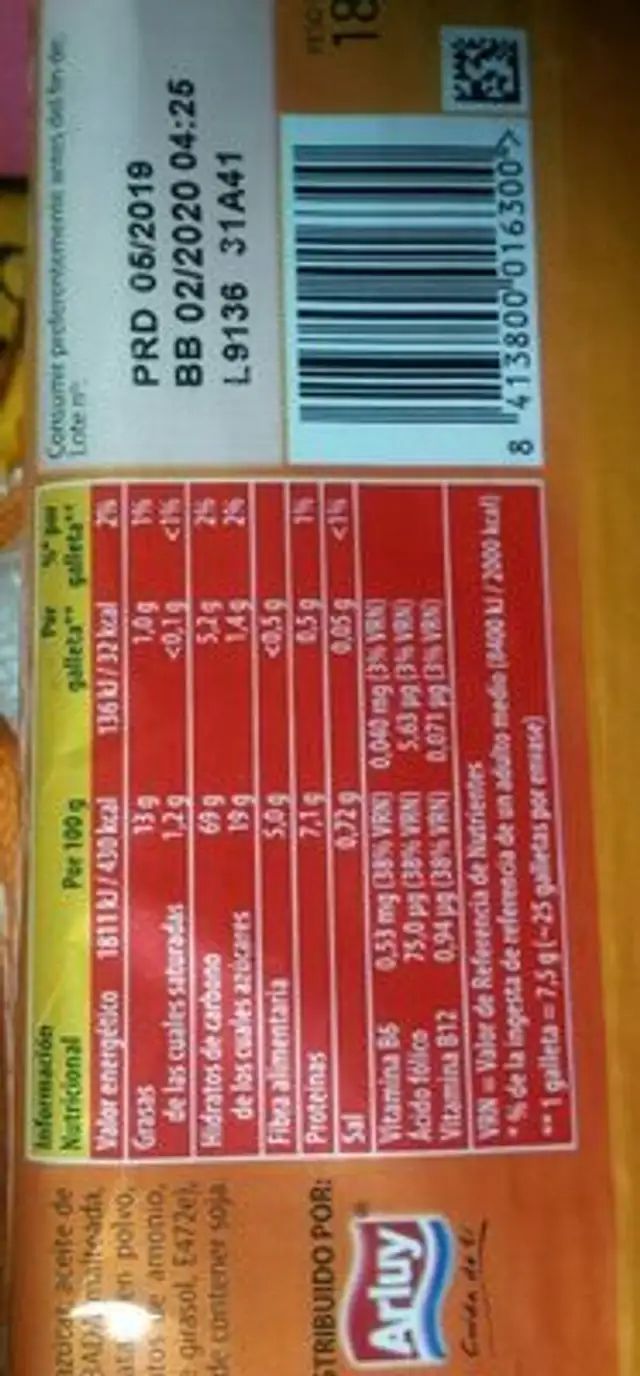 Galletas con fibra nutrition facts table