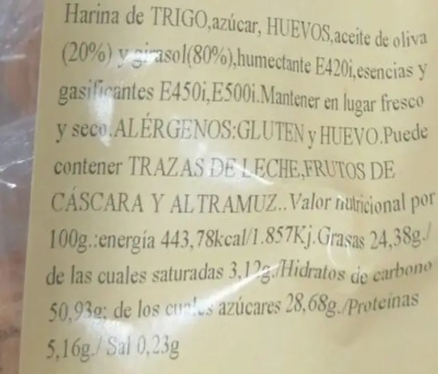 Bizcochadas nutrition facts table