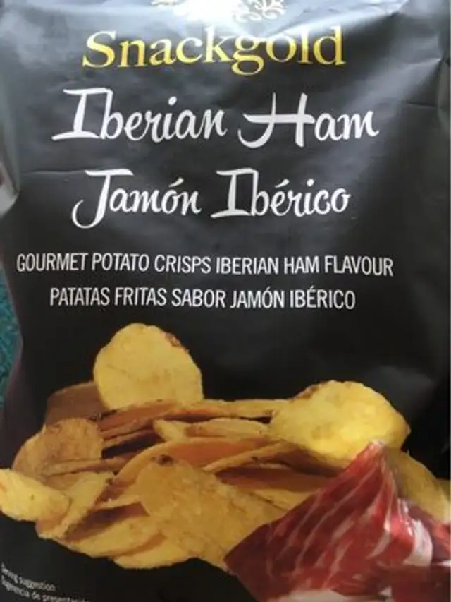Snackgold Iberico Ham Gourmet Potato Chips, 4.9 Ounce front packaging
