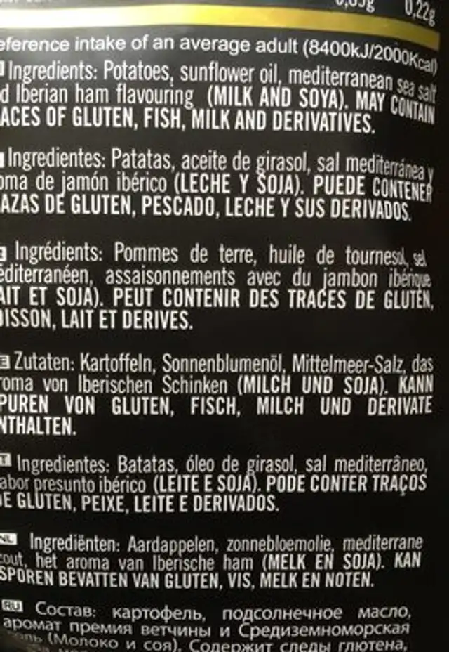 Snackgold Iberico Ham Gourmet Potato Chips, 4.9 Ounce ingredients label