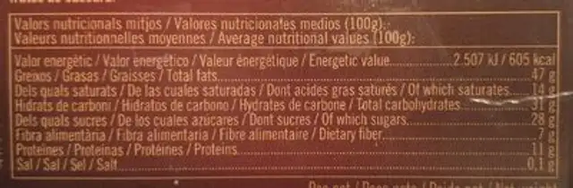 Turrón de chocolate con almendras nutrition facts table