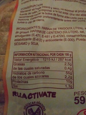 Pan de pueblo rebanado nutrition facts table