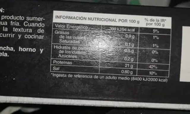 Gambón austral nutrition facts table