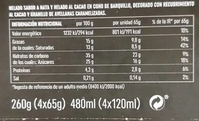 Cono black & white nutrition facts table