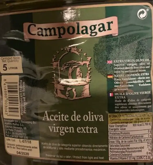 Aceite de oliva nutrition facts table