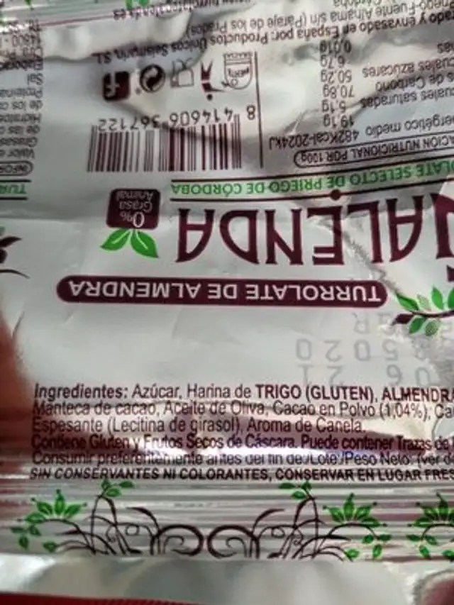 Turrolate de almendra ingredients label
