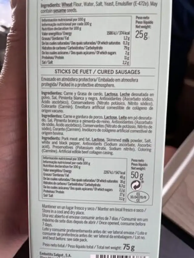 sticks de fuet con picos ingredients label