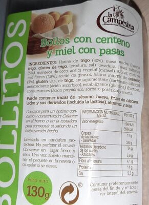 Bollos con centeno y miel con pasas front packaging