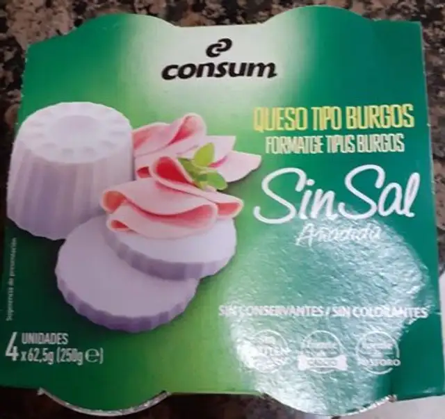 Queso tipo Burgos sin sal front packaging