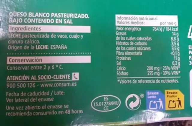 Queso tipo Burgos sin sal nutrition facts table