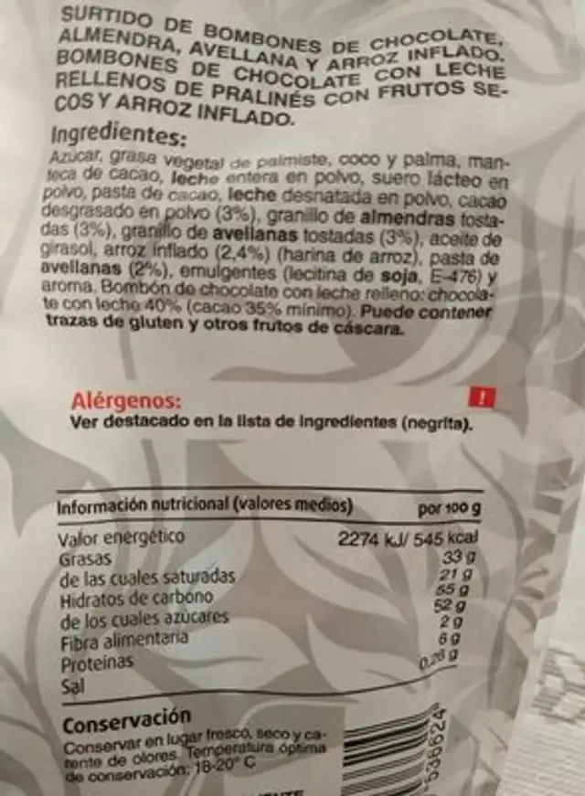 Surtido de bombones nutrition facts table