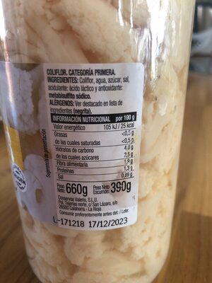 Coliflor nutrition facts table