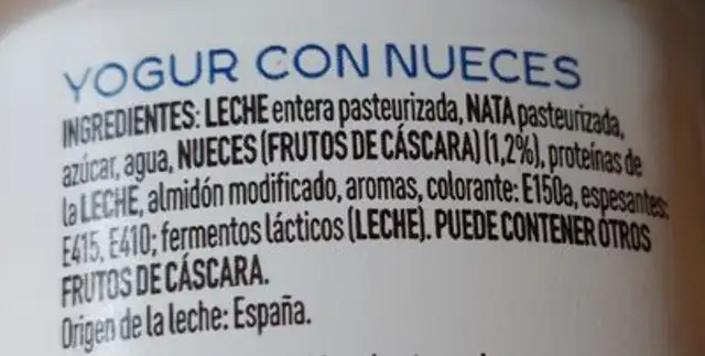 Griegos con nueces ingredients label