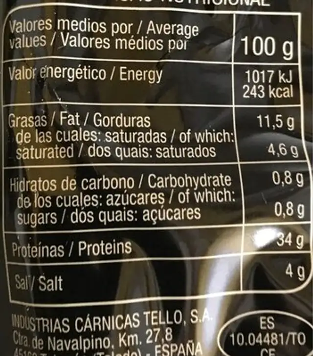 Lomo embuchado duroc nutrition facts table