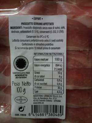 Jamon serrano ingredients label