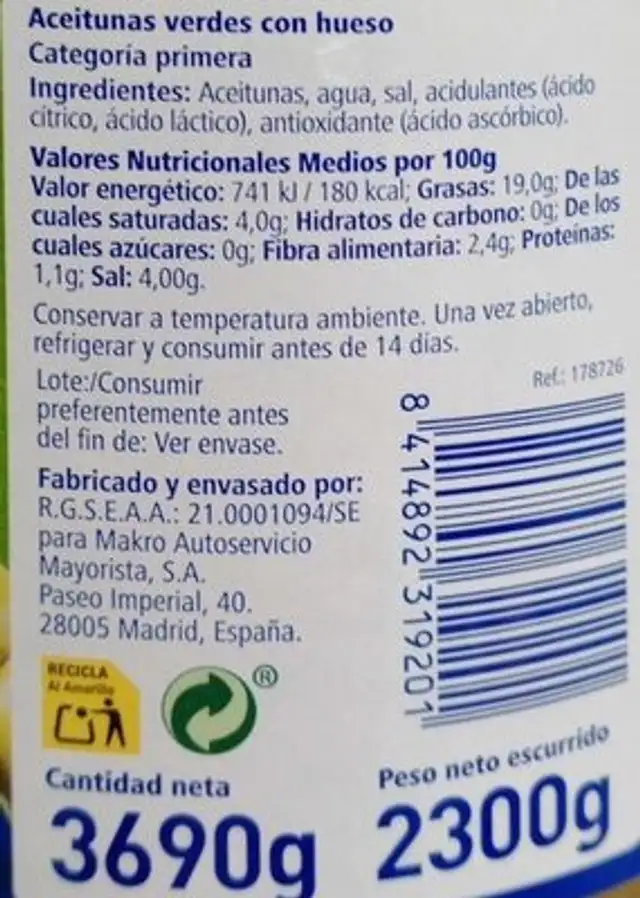 Aceituna manzanilla nutrition facts table