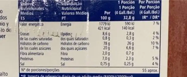 Galleta hojaldrada nutrition facts table