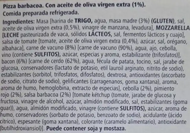 Pizza fresca barbacoa ingredients label