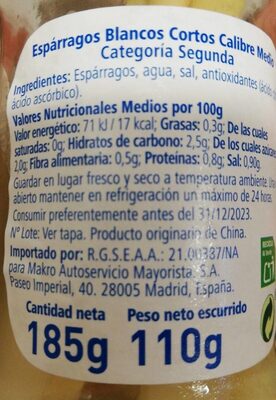 Espárragos blancos nutrition facts table