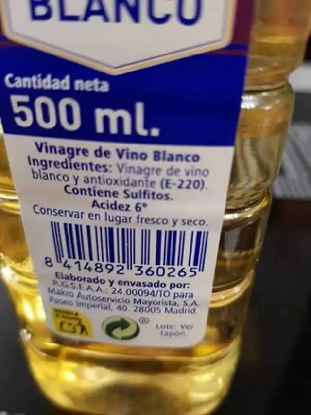 Vinagre de Vino Blanco ingredients label