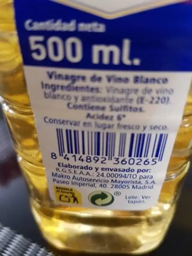 Vinagre de Vino Blanco nutrition facts table