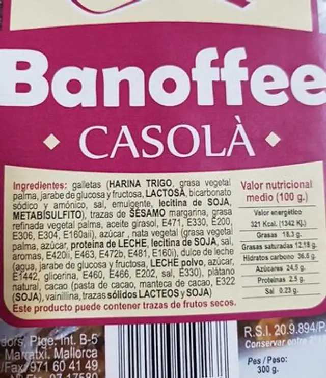 Banoffee nutrition facts table