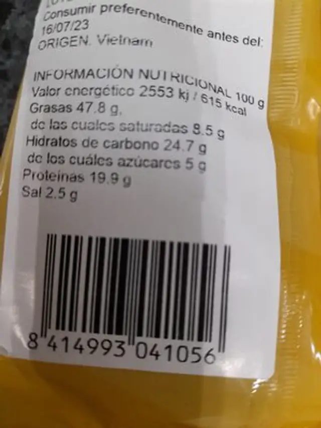 Unknown nutrition facts table