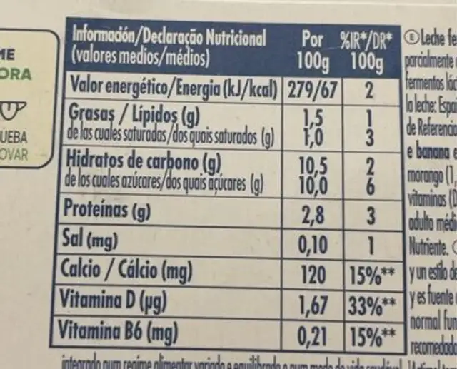 Actimel nutrition facts table