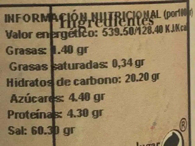 Tomillo-limon nutrition facts table