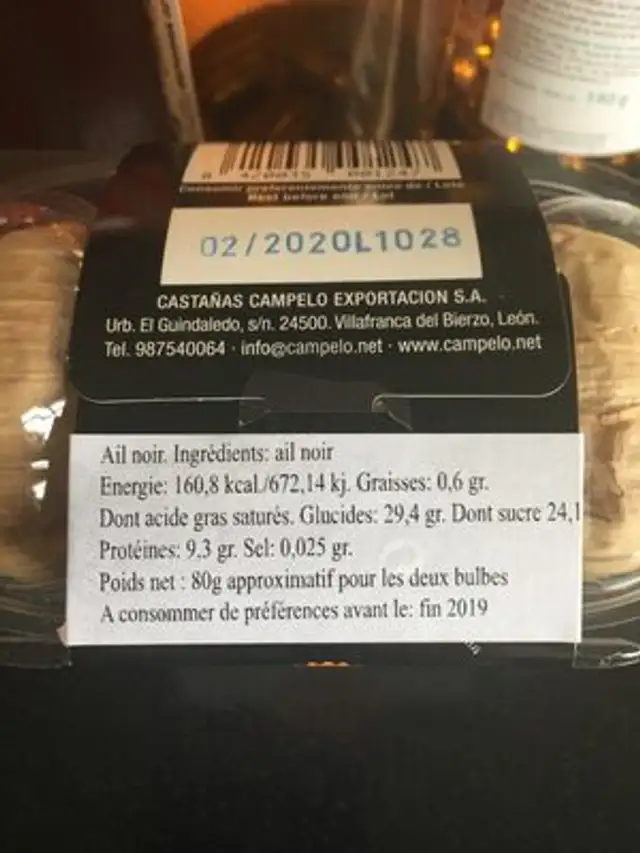 Ajo negro ingredients label