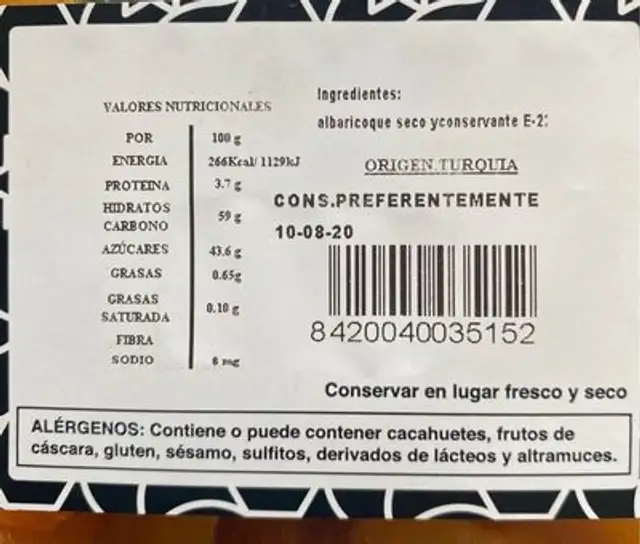 Frutos secos nutrition facts table