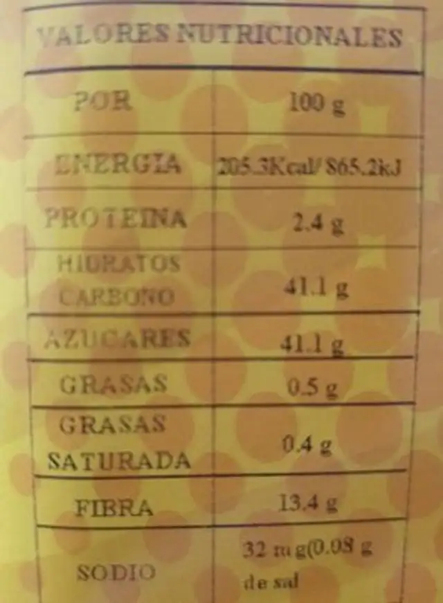 Ciruela sin hueso nutrition facts table