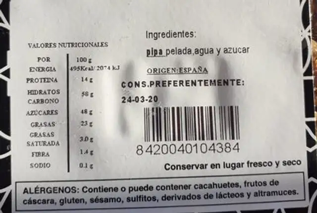 Papa Garrapinada nutrition facts table