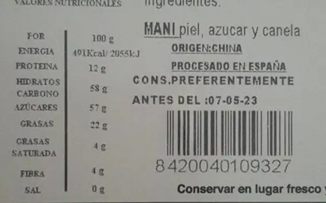 Mani garrapiñado con canela nutrition facts table