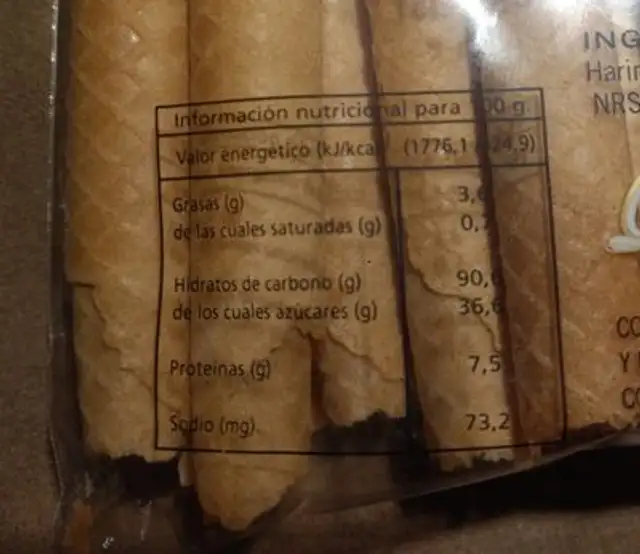 Barquillos nutrition facts table