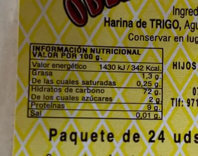 Obleas nutrition facts table