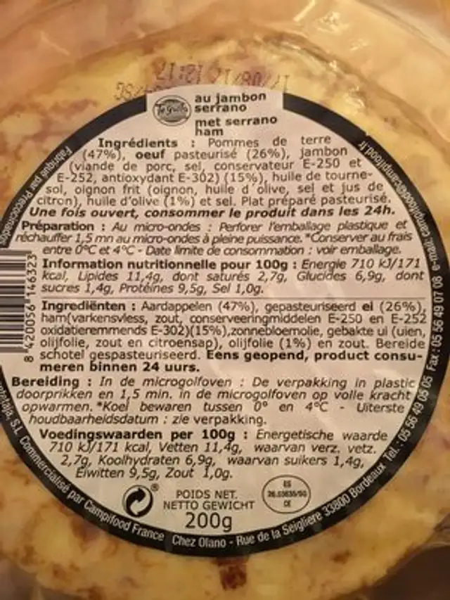 Tegusta Tortilla Pomme De Terre Jambon Serano 200G ingredients label