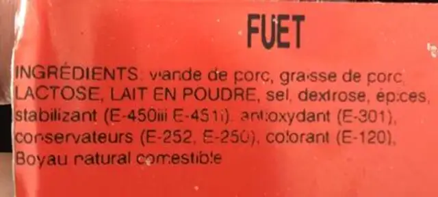 Fuet ingredients label