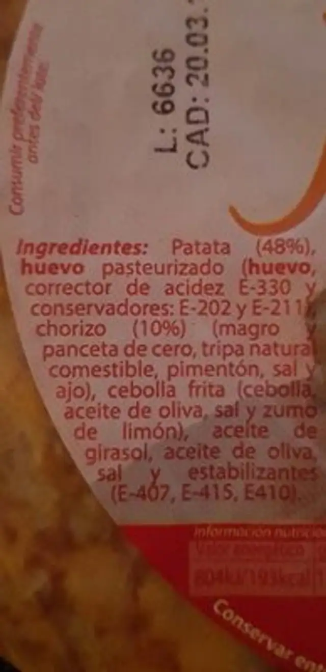 Tortilla fresca ingredients label