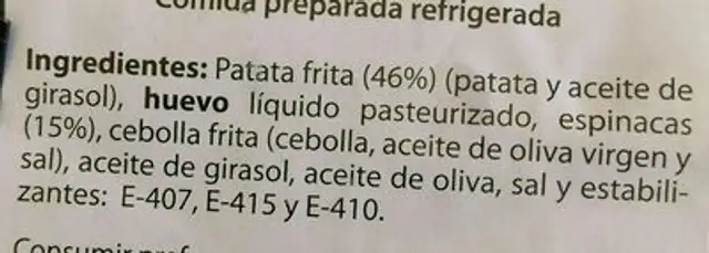 Tortilla de pommes de terres aux épinards ingredients label