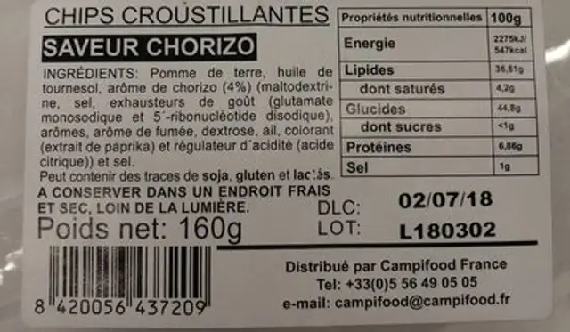 Chips croustillante ingredients label