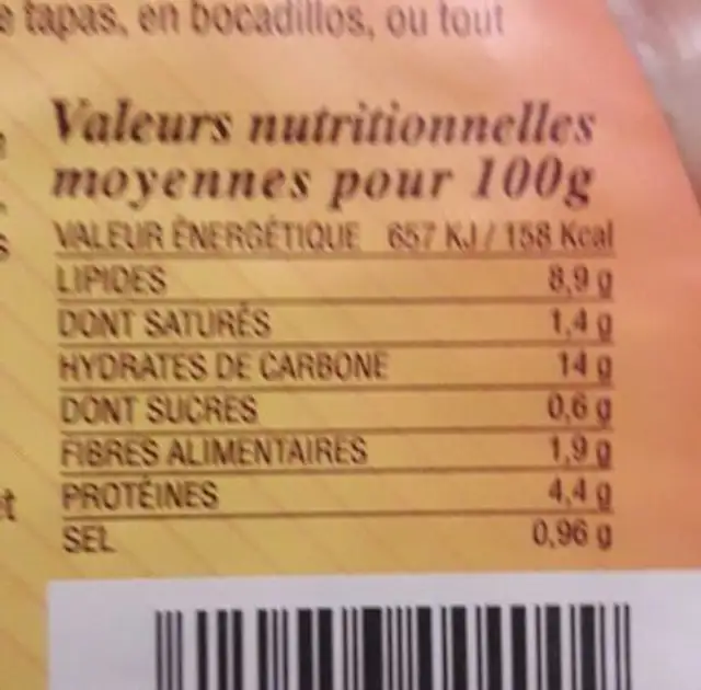 Tortilla pomme de terre nature Te Gusta nutrition facts table