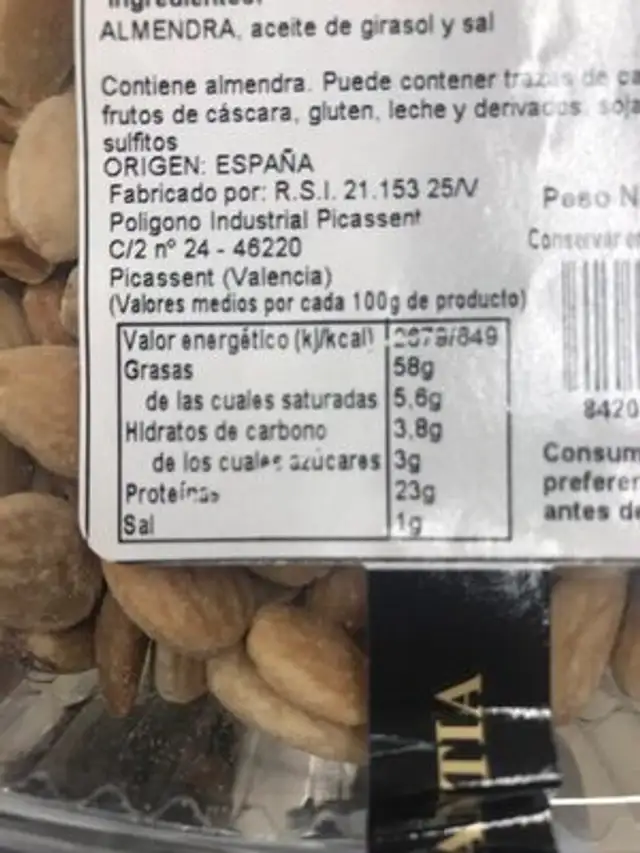 Almendra nutrition facts table