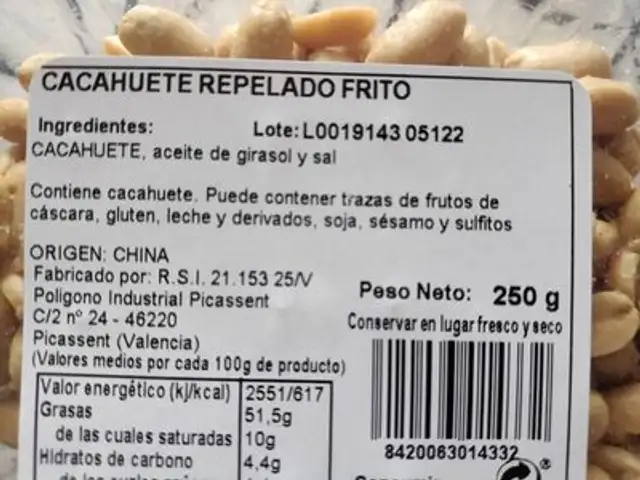 Cacahuete repelado frito ingredients label