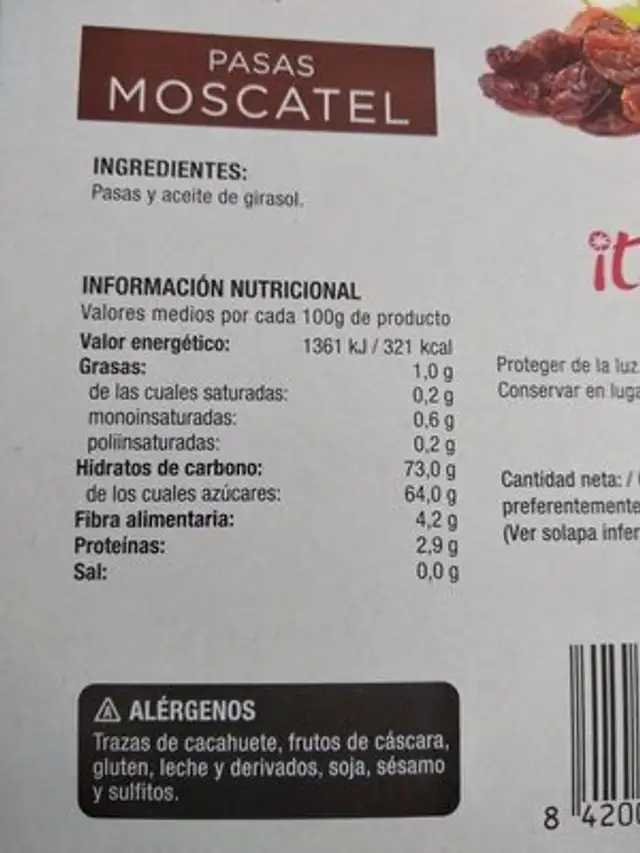 Pasas Moscatel nutrition facts table
