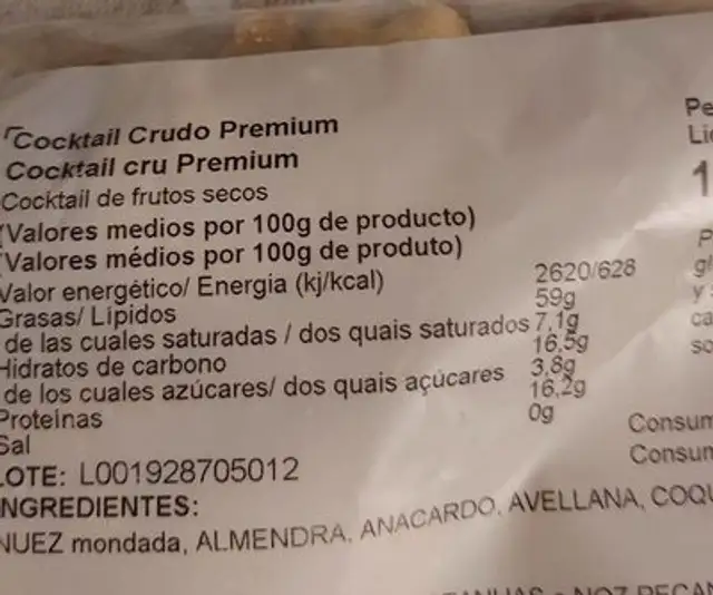 Frutos secos nutrition facts table