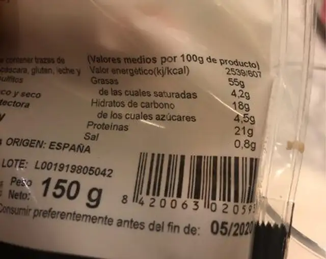 Almendra marcona frita premium nutrition facts table