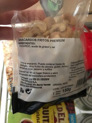 Anacardos ingredients label