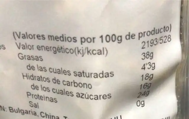 Fruto Seco nutrition facts table